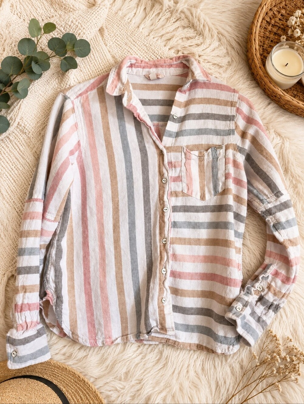Esprit Linen Blend Striped Button Down Shirt Pink Gray Tan Size L